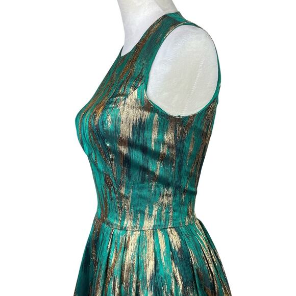 Michael Kors Emerald Green & Metallic Gold Sleeveless Fit & Flare Cocktail Dress - Picture 7 of 11
